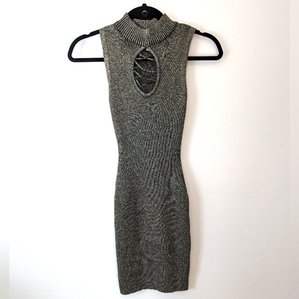 Stretchy Metallic Gold/Black Dress Sleeveless Turtleneck Midi Bodycon Dress